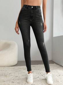 SHEIN Tall Jeans Skinny de Cintura Alta con Roturas, para Mujeres Altas - Negro - Ver 3
