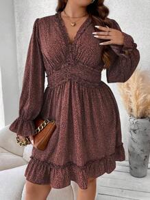 Flirla 大碼斑點印花喇叭袖荷葉邊洋裝 - 彩色 - 查看 5