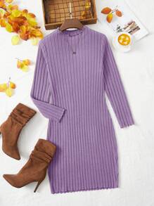 SHEIN LUNE Hơn Chất rắn Gân đan Đầm - Màu tím hoa cà - Xem 1