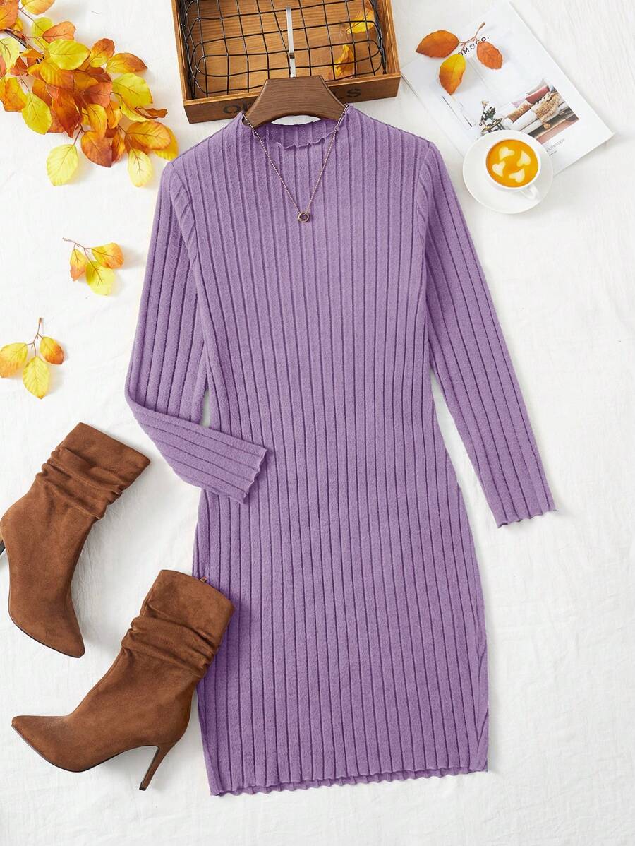 SHEIN LUNE Hơn Chất rắn Gân đan Đầm - Màu tím hoa cà - Xem 1