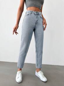 EURMUSE Ladies' Solid Color Slanted Pockets Tapered Jeans - Baby Blue - View 4
