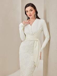 Modelyn Floral Jacquard Knot Side Split Back Dress - Apricot - View 1