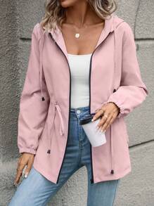 SHEIN LUNE Eo dây rút Dây kéo mặt trước áo có mũ Phù hợp thường Áo khoác - Hồng - Xem 3