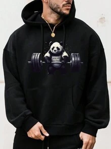 Manfinity Homme Men Plus Panda Print Kangaroo Pocket Thermal Hoodie - Black - View 1