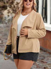 SHEIN LUNE 大碼大翻領開門襟外套 - 卡其色 - 查看 4