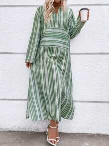 Breezaya Striped Print Split Thigh Dress Fall Cloth For Women - Mint Green - View 4