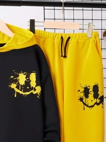 Tween Boy Expression Print Two Tone Hoodie & Drawstring Waist Sweatpants - Multicolor - View 4