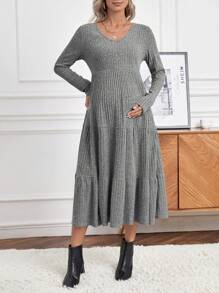 SHEIN 孕婦V領荷葉邊洋裝 - 灰色 - 查看 5