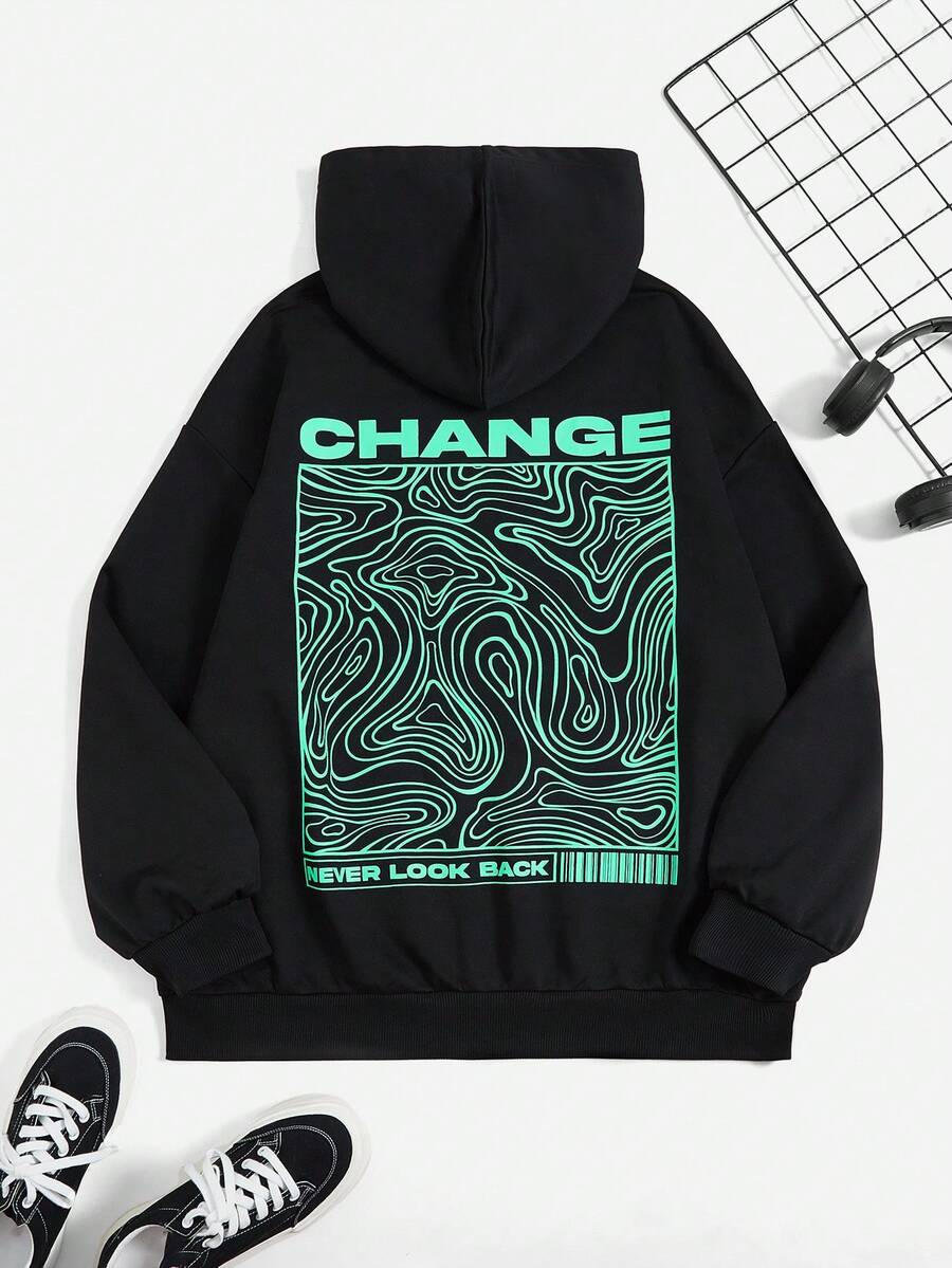 SHEIN EZwear 加大码字母图案落肩卫衣 - 黑色 - 查看 1