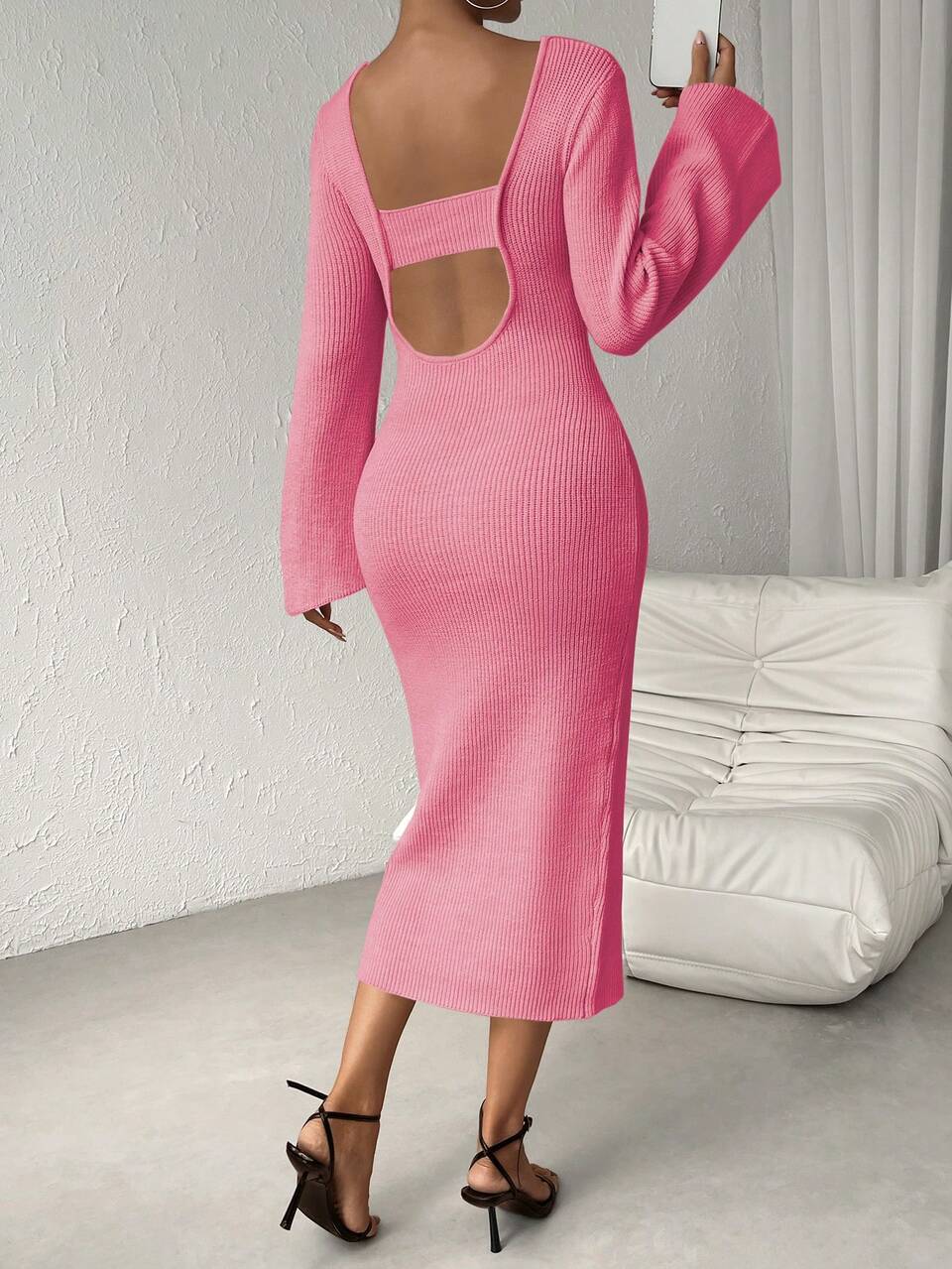 Solid Flare Sleeve Open Back Sweater Dress