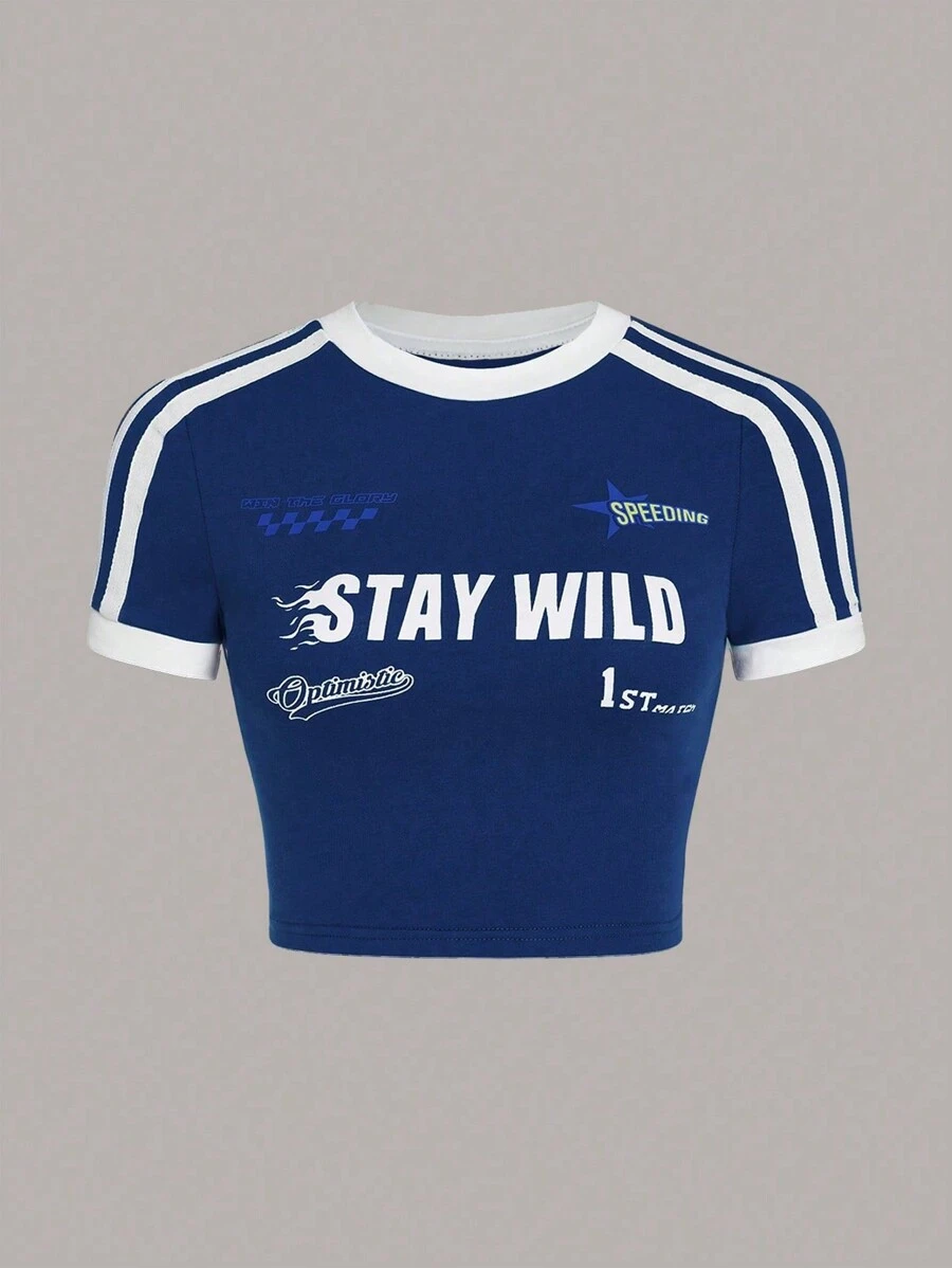 SHEIN EZwear Của phụ nữ Kích thước lớn In thư Tương phản Cạnh Ngắn tay Áo thun - Xanh - Xanh và trắng - Xem 1