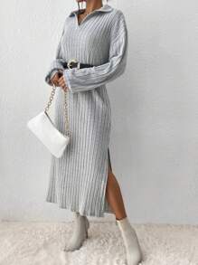 SHEIN Essnce 落肩袖高衩洋裝不附腰帶 - 灰色 - 查看 1