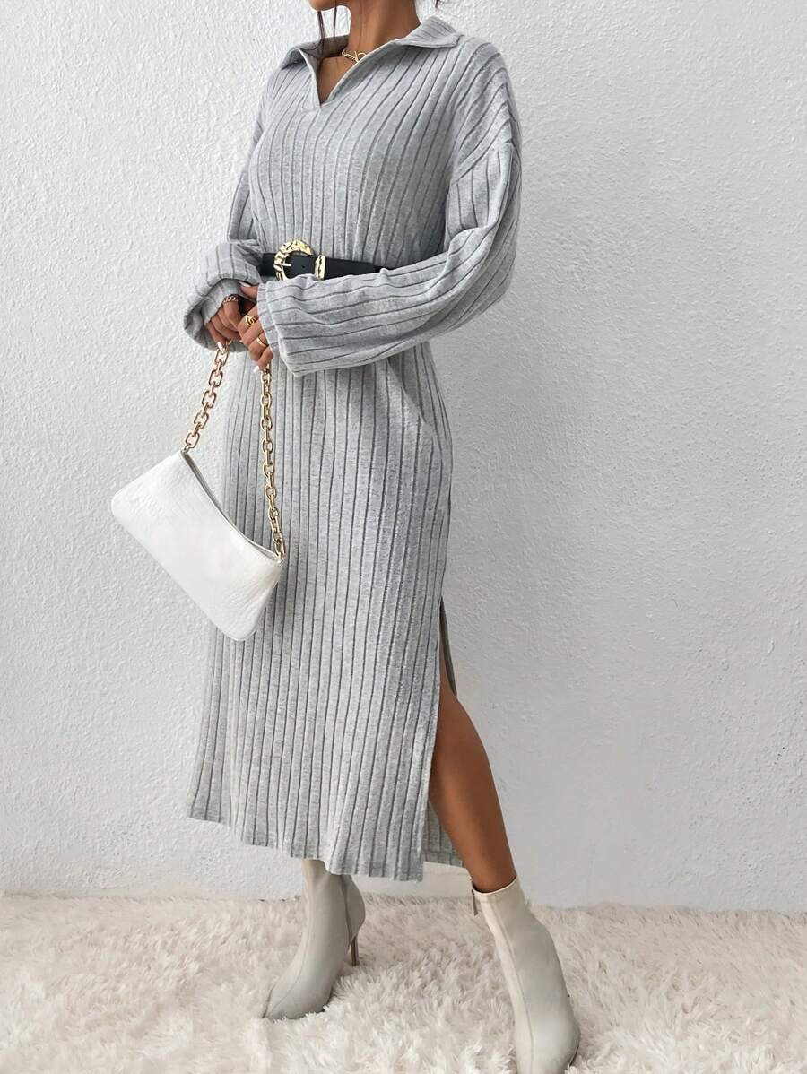 SHEIN Essnce 落肩袖高衩洋裝不附腰帶 - 灰色 - 查看 1