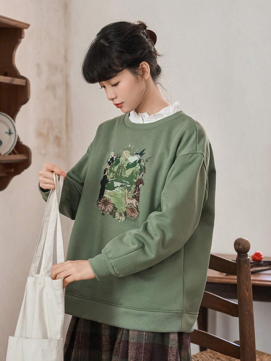 FRIFUL Áo chui đầu trễ vai họa tiết hoạt hình & hình người không có áo cánh, quần áo mùa thu - màu xanh lá - Xem 1