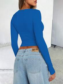Camiseta ajustada de mujer de unicolor, cuello redondo, manga larga y fruncida, elegante y versátil, adecuada para las temporadas de verano, otoño/invierno y primavera casual - azul real - Ver 5
