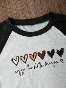 SHEIN Tween Girl Heart & Slogan Graphic Raglan Sleeve Tee - Multicolor - View 4