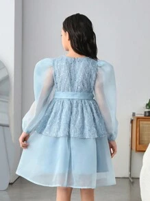 SHEIN 女大童網紗拼接泡泡袖繫腰帶洋裝 - 粉色 - 查看 7