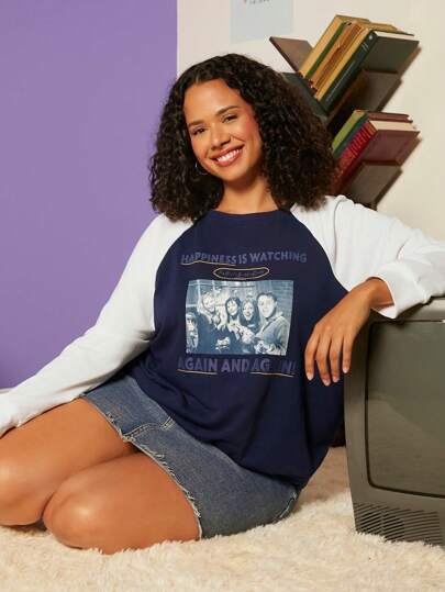 FRIENDS X SHEIN Plus Slogan & Figure Graphic Raglan Sleeve Sweatshirt