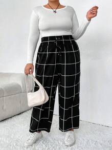 SHEIN CURVE+ 加格子印花紙袋腰帶前褲 - 黑色 - 查看 3