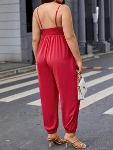Calvaya Plus Solid Shirred Waist Cami Jumpsuit - Red - View 2