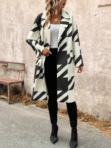 SHEIN LUNE 幾何印花西裝領翻蓋細節花呢外套 - 黑與白 - 查看 4