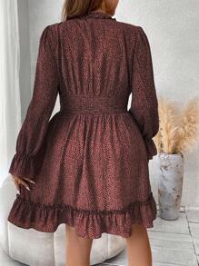 Flirla 大碼斑點印花喇叭袖荷葉邊洋裝 - 彩色 - 查看 2