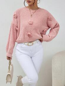 SHEIN Essnce Pearls Beaded Stereo Flower Drop Shoulder Sweater - Pink - View 3