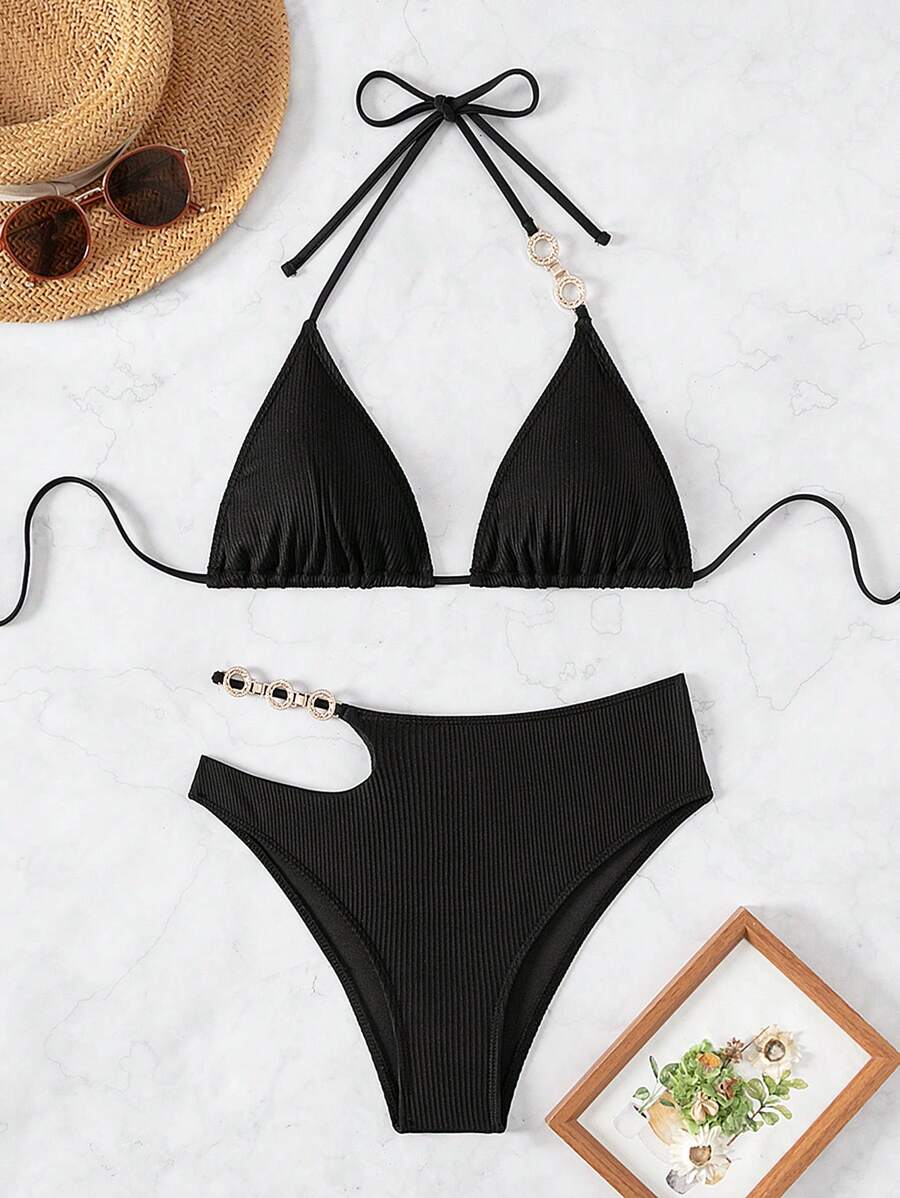 SHEIN Swim Ladies' Halter Bikini Set Summer Beach - Black - View 1