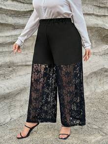 SHEIN Privé Plus Contrast Lace Wide Leg Pants - Black - View 4