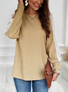 SHEIN LUNE Contrast Lace Raglan Sleeve Eyelet Embroidery Tee
