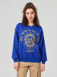 Forever 21 Letter & Sun Pattern Drop Shoulder Women's Sweatshirt - Blue - View 3
