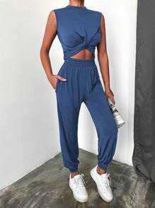 EURMUSE 2pcs Women Solid Color Crew Neck Sleeveless Twist Knot Crop Top And Elastic Waist Pants Set - Navy Blue - View 1