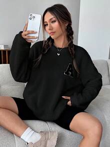 SHEIN EZwear Letter Patched Drop Shoulder Fuzzy Sweatshirt - Black - View 7