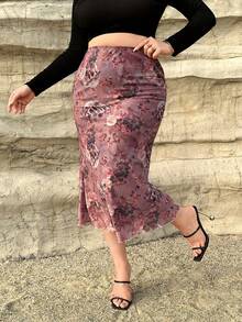 SHEIN Privé Plus Floral Print Pencil Skirt - Multicolor - View 3