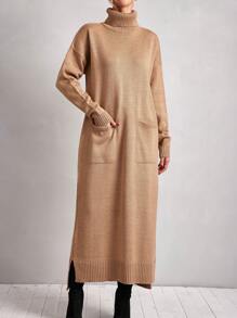 EURMUSE Turtleneck Dual Pocket Split Hem Sweater Dress - Brown - View 3
