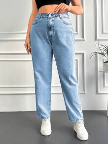 EURMUSE Kích thước lớn Eo cao Quần jean Tapered - Màu xanh lam - Xem 3