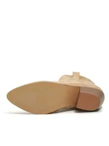 Women's Fashion Embroider Cowboy Boots Faux Suede Embroider Cowboy Boots For Women Chunky Heel Slip On Cowgirl Boots - 杏色 - 查看 4