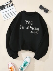 SHEIN EZwear Hơn Lá thư Đồ họa Khẩu hiệu Lót nhiệt Áo nỉ - màu đen - Xem 1