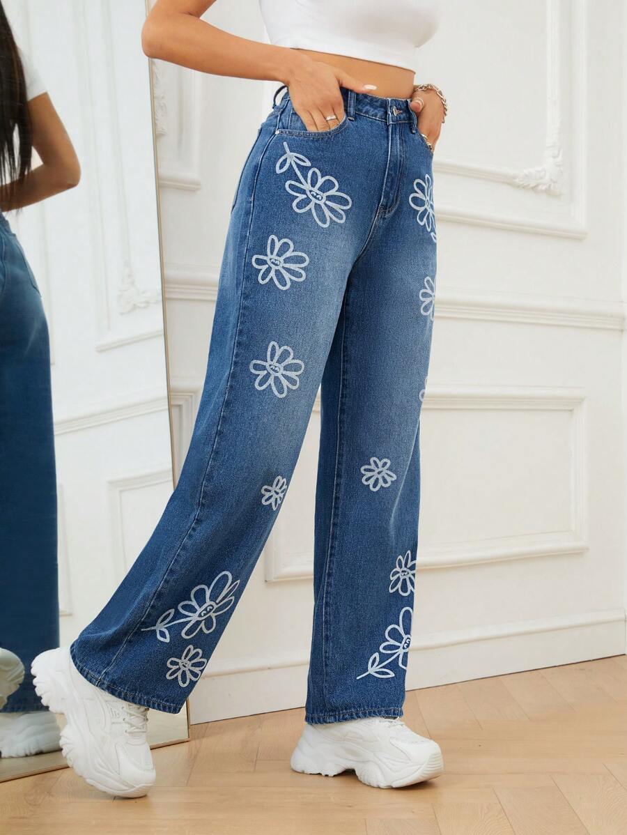 SHEIN EZwear Floral Print Straight Leg Jeans - Medium Wash - View 1