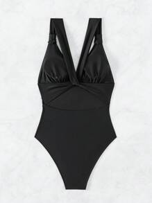 SHEIN Swim Women's One Piece Swimsuit With Ruched Design Black Bathing Suit - Black - View 7