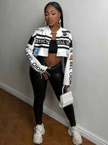 Slaydiva Striped & Letter Graphic Drop Shoulder Crop Jacket - Black and White - View 7