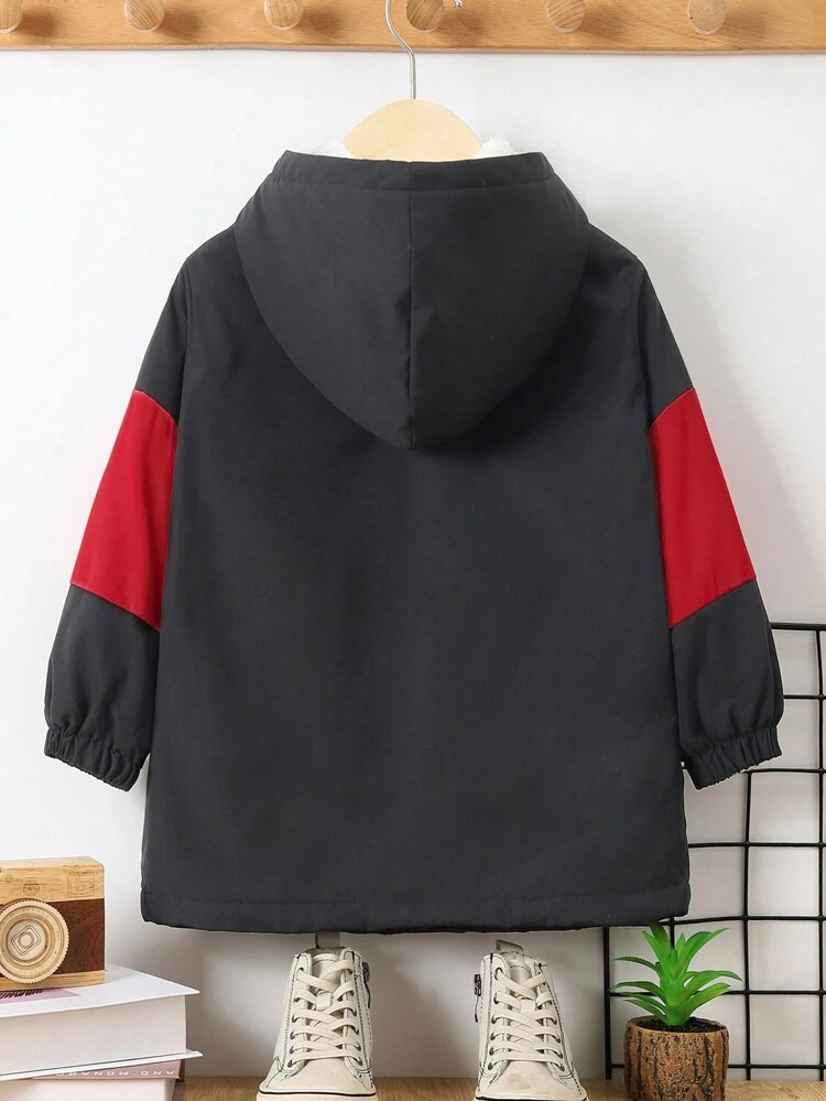 Young Boy Casual Soft Comfortable Hooded Jacket With Plush Lining And White Letter Patchwork For Autumn And Winter