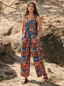 Bohemela Allover Print Wide Leg Overall Jumpsuit - Multicolor - View 2