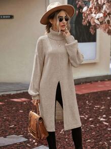 EMERY ROSE Turtleneck Drop Shoulder Split Thigh Sweater,Long Sleeve Tops Knit Pullover Fall Winter Outfit - Camel - View 1