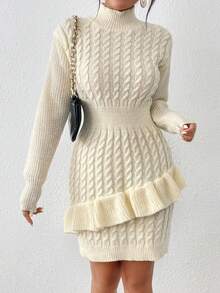 SHEIN Essnce Mock Neck Ruffle Trim Cable Knit Sweater Dress - Apricot - View 4