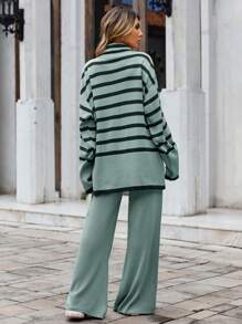 EURMUSE Hai chiếc Bộ Sọc Áo len Với Viền chia cắt Và Quần ống rộng - Nhiều màu - Xem 2