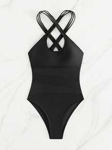 SHEIN Swim Black Sheer Mesh One Piece Swimsuit, For Summer Beach Vacation - Black - View 3