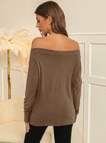 SHEIN Clasi 一字肩素色T恤 - 咖啡棕 - 查看 2