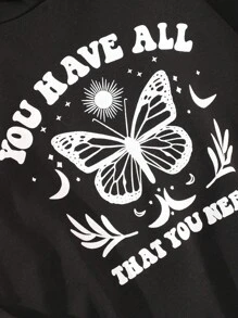 SHEIN Tween Girl 1pc Butterfly & Slogan Graphic Hooded Sweatshirt - Black - View 4