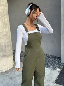 SHEIN EZwear Chất rắn Túi mặt trước Tổng thể Jumpsuit Without Tee - xanh quân đội - Xem 5